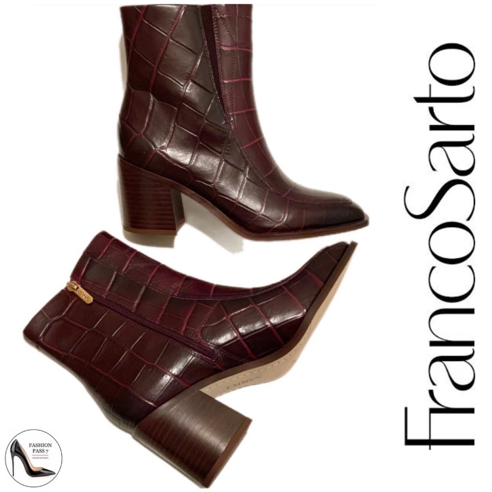 Franco Sarto Romana Burgundy Red Leather Ankle Boots Crocodile Embossed Bootie 9